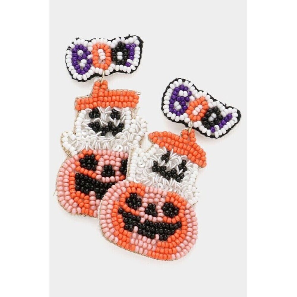 Sequin Beaded Ghost Pumpkin Dangle Earrings